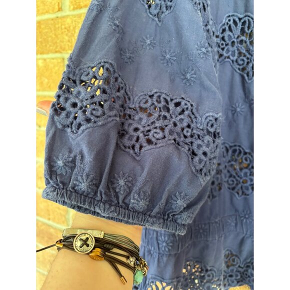 Anne Fontaine Evita Navy Blue Cotton Lace 3/4 Sleeve Blouse Embroidered Design - Picture 4 of 11